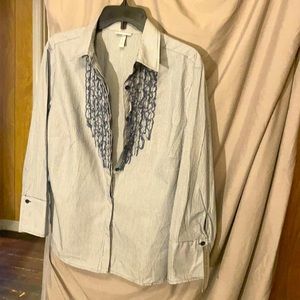 BRAND NEW Harv’e Bernard pin stripped ruffled blue button down long sleeve shirt